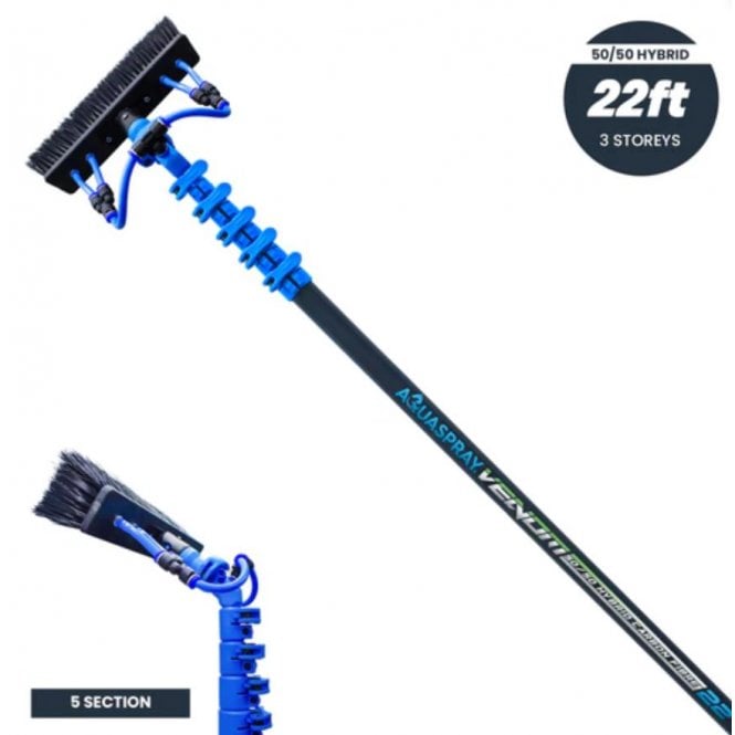 Aquaspray® Venom 22ft Hybrid 50% Carbon, 50% Fiberglass Waterfed Window Cleaning Pole – 5 Sections